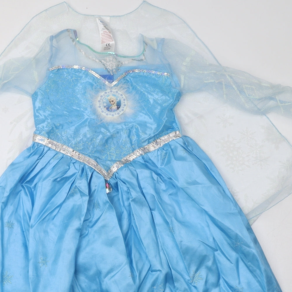 Preworn Girls Blue Geometric Polyester A-Line  Size 7-8 Years  Crew Neck  - Elsa Fancy dress with cape