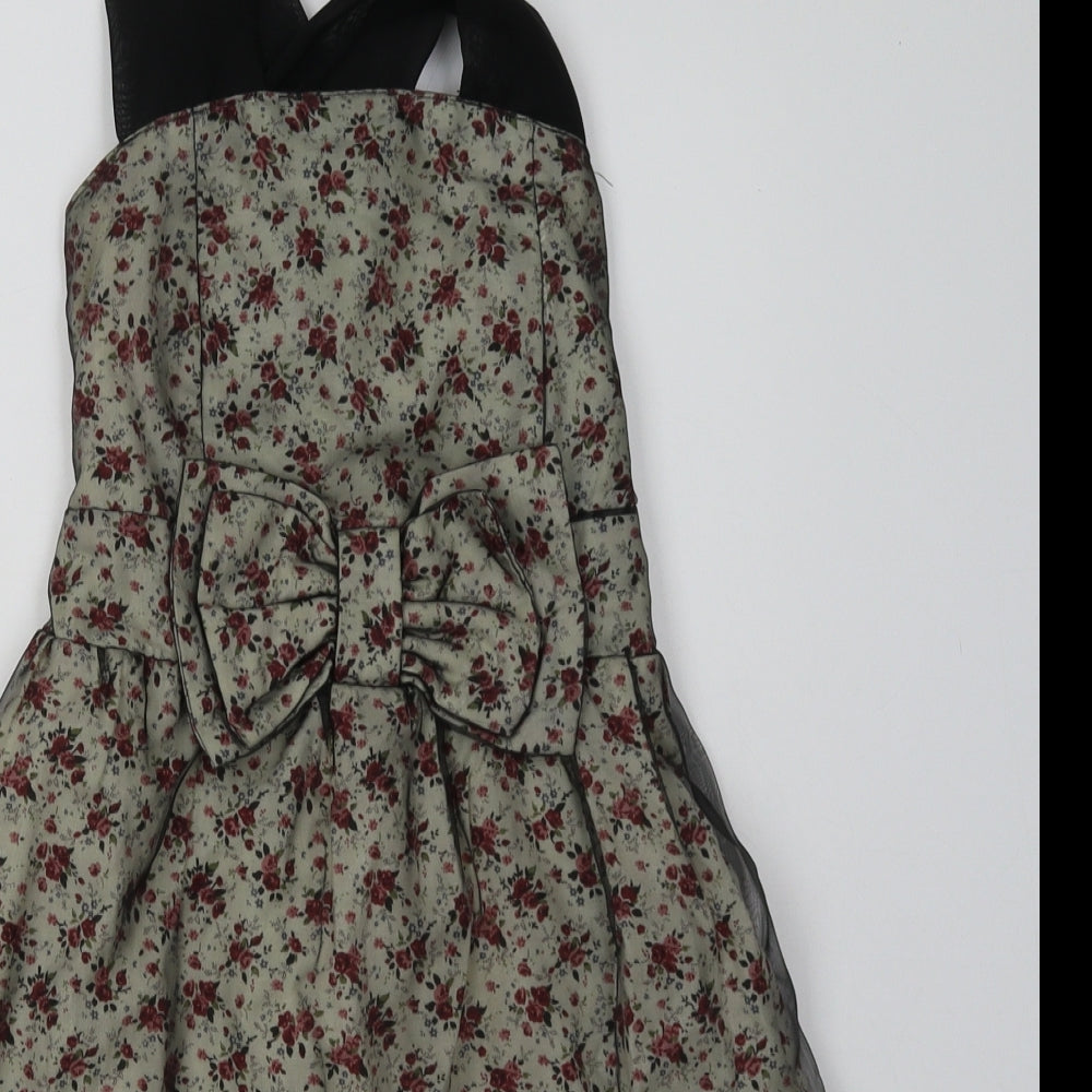 Preworn Girls Beige Floral Polyester A-Line  Size S  Square Neck Pullover - cross back