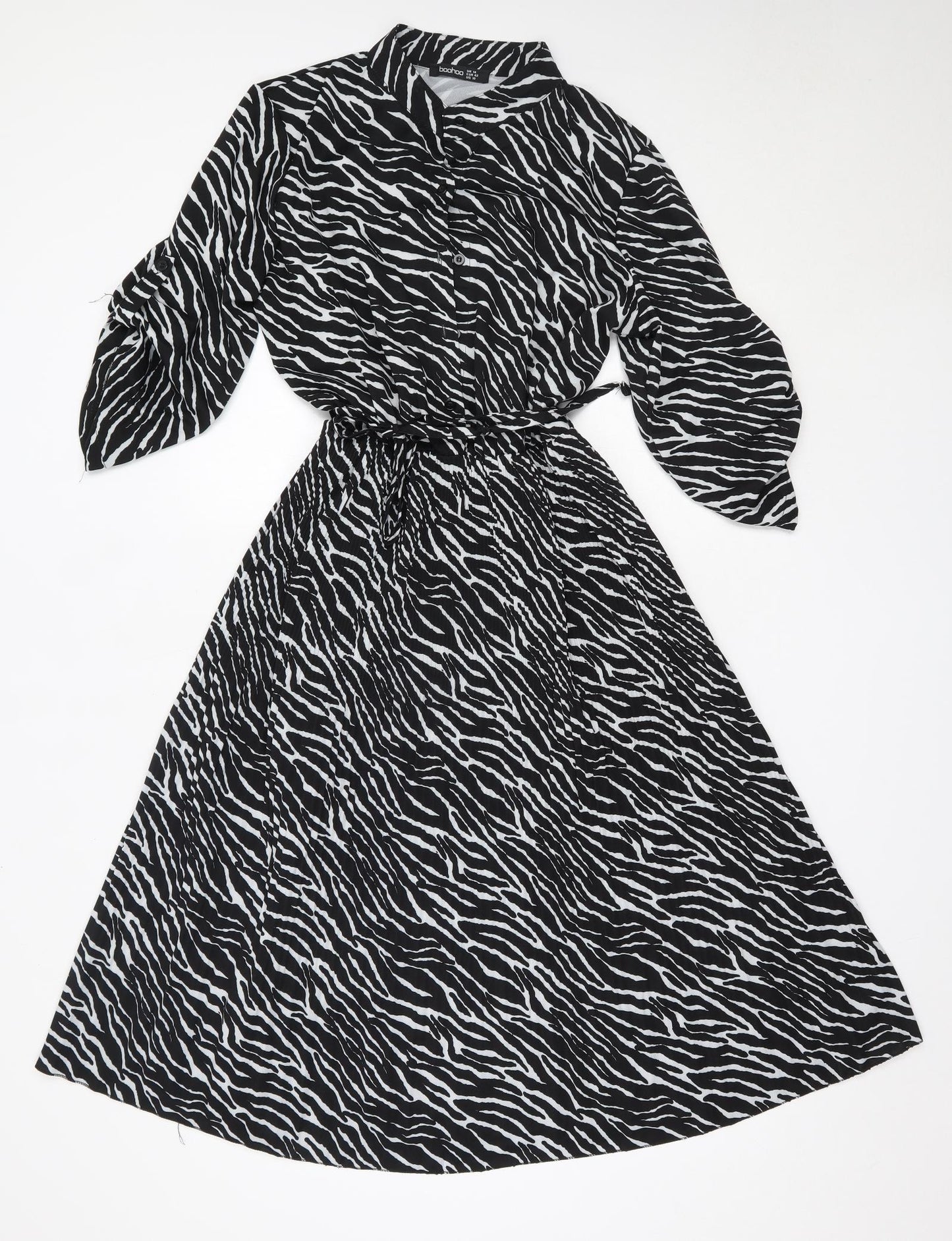 Boohoo Womens Black Animal Print Polyester Fit & Flare  Size 14  Round Neck
