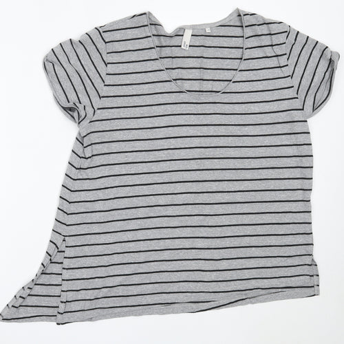 And / Or Womens Grey Striped Polyester Basic T-Shirt Size 14 Round Neck