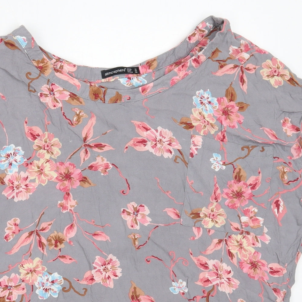 Atmosphere Womens Grey Floral Viscose Basic Blouse Size 10 Round Neck