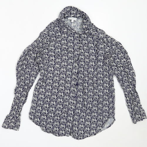 Warehouse Womens Blue Geometric Viscose Basic Button-Up Size 6 Collared