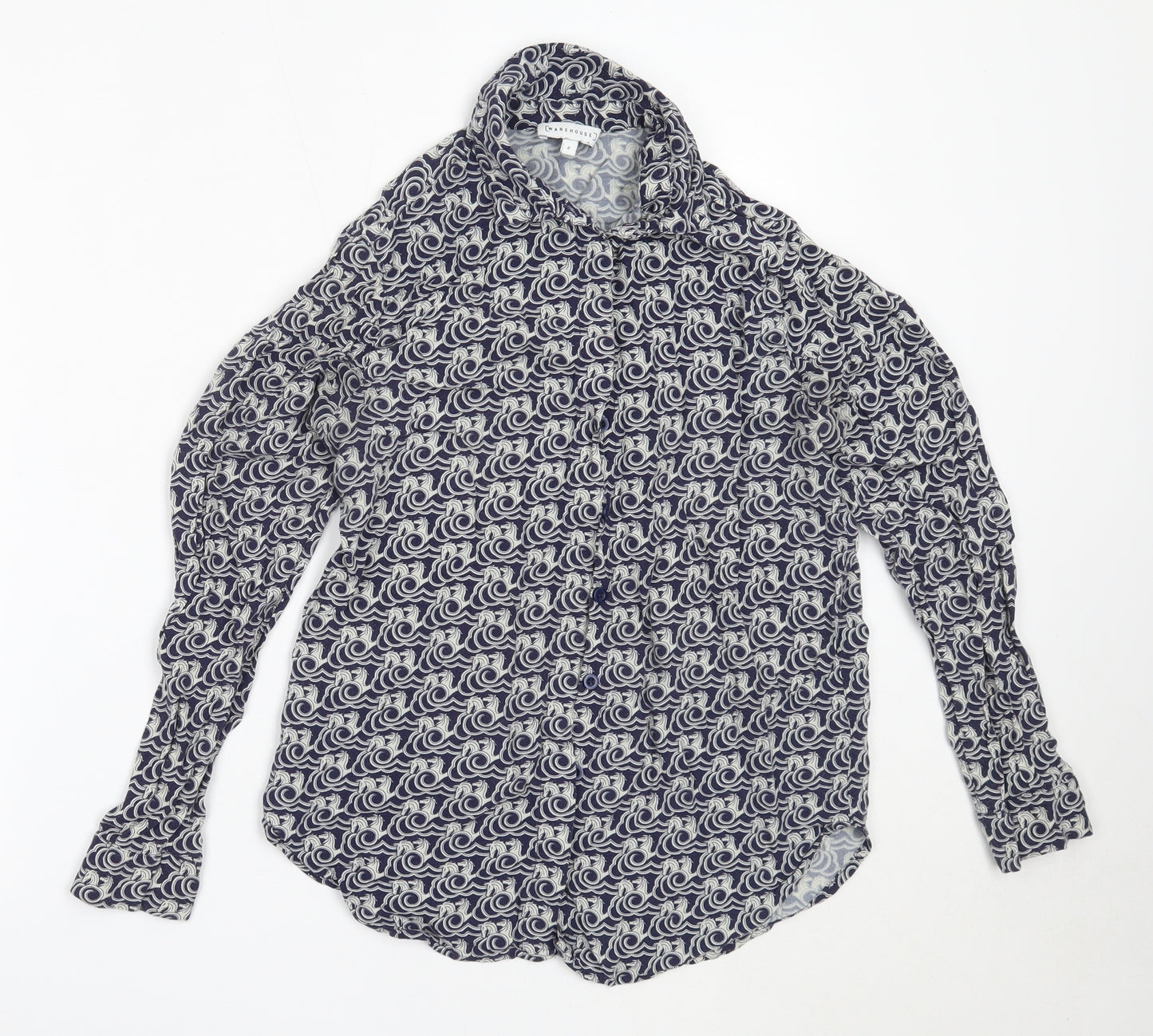 Warehouse Womens Blue Geometric Viscose Basic Button-Up Size 6 Collared