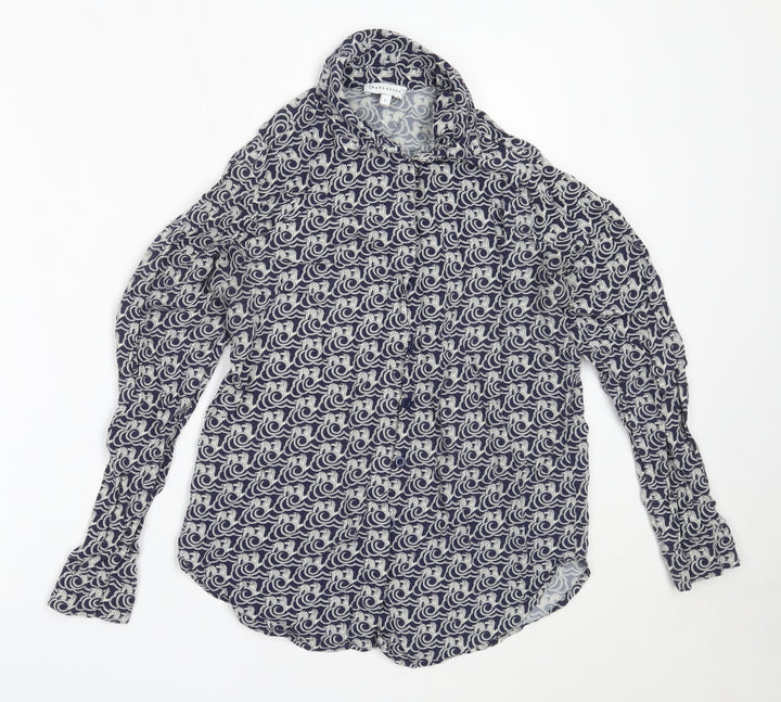 Warehouse Womens Blue Geometric Viscose Basic Button-Up Size 6 Collared