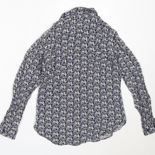 Warehouse Womens Blue Geometric Viscose Basic Button-Up Size 6 Collared
