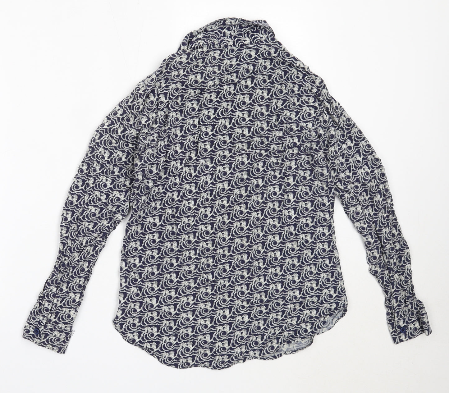 Warehouse Womens Blue Geometric Viscose Basic Button-Up Size 6 Collared