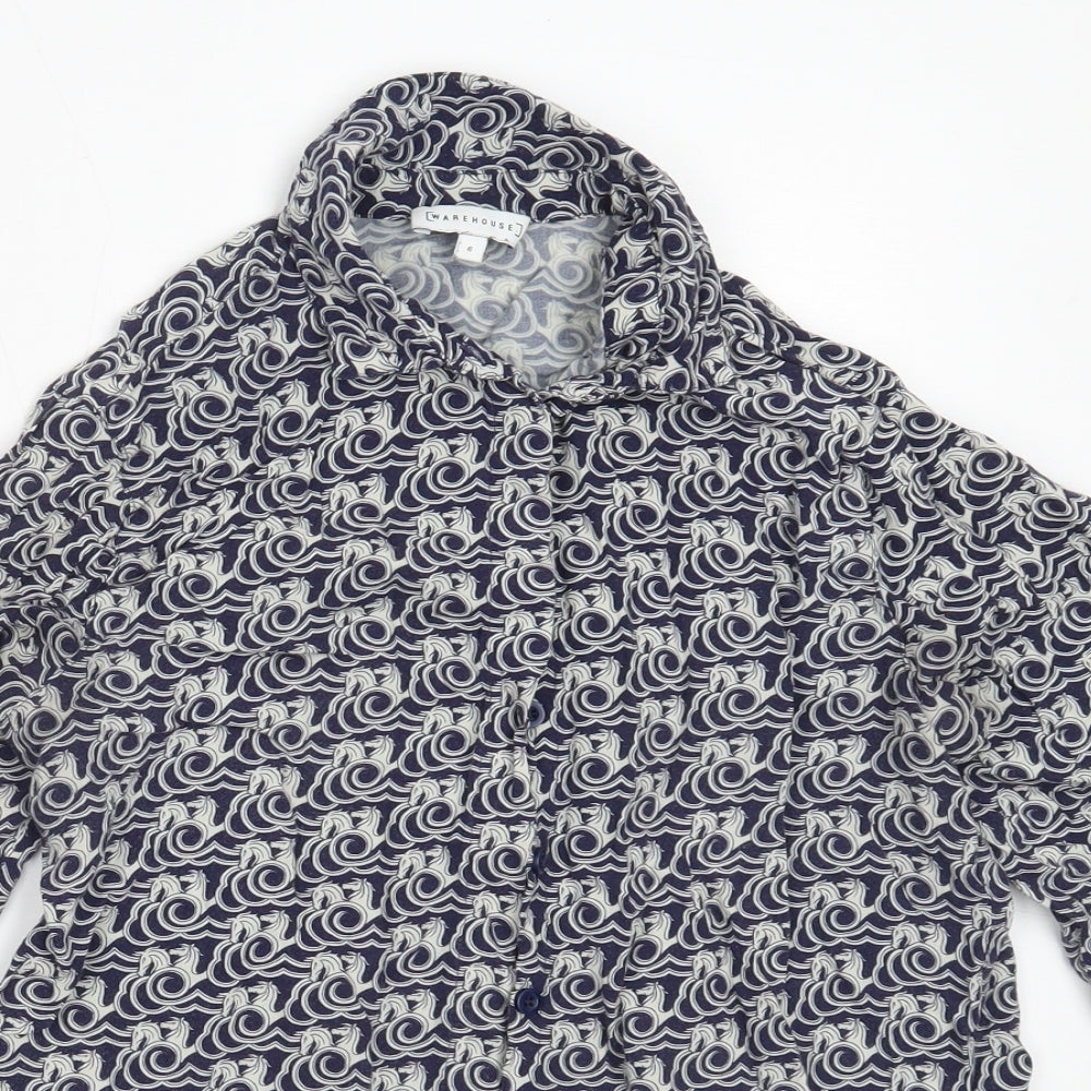 Warehouse Womens Blue Geometric Viscose Basic Button-Up Size 6 Collared