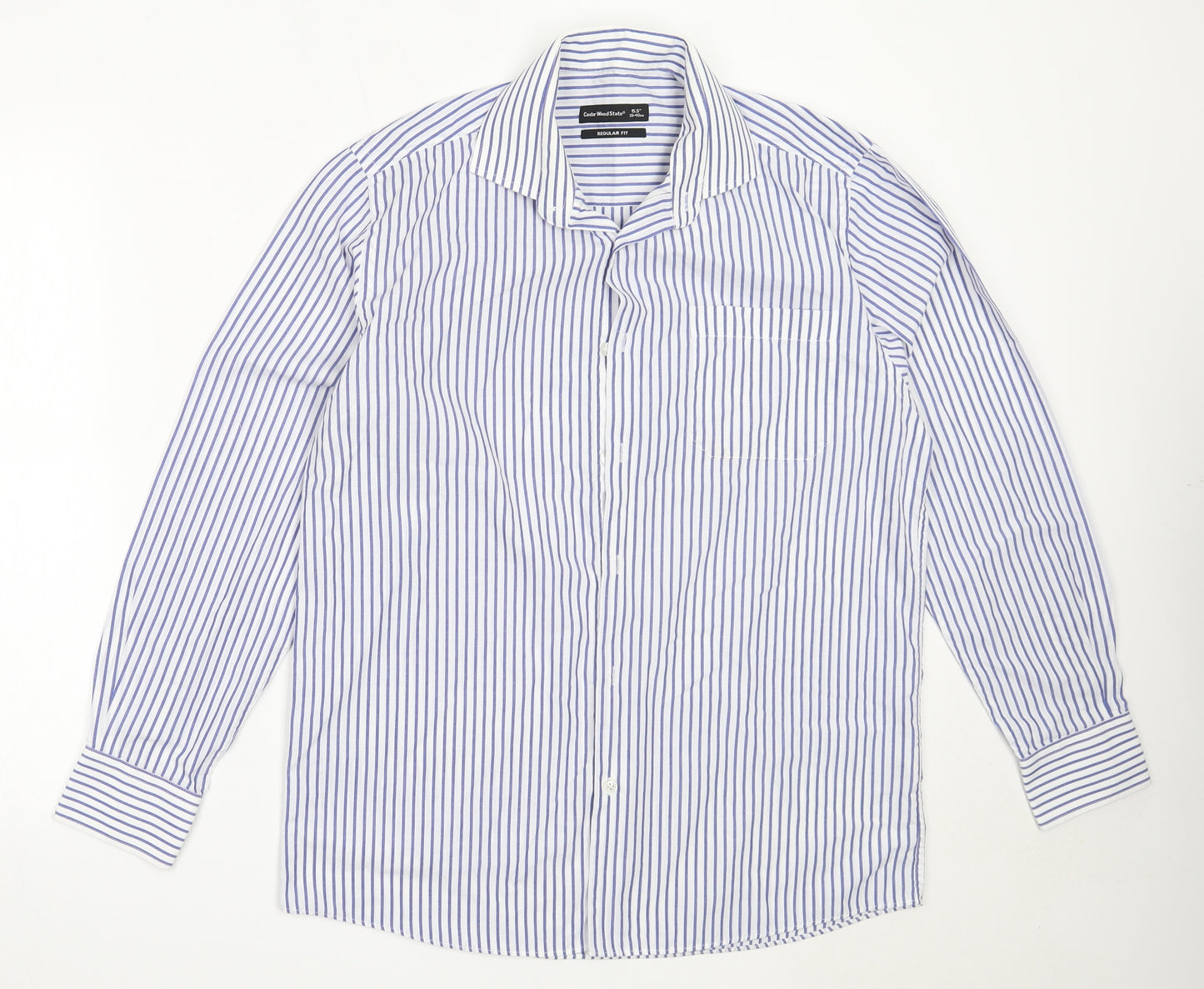 Cedar Wood State Mens White Striped Polyester  Button-Up Size 15.5 Collared