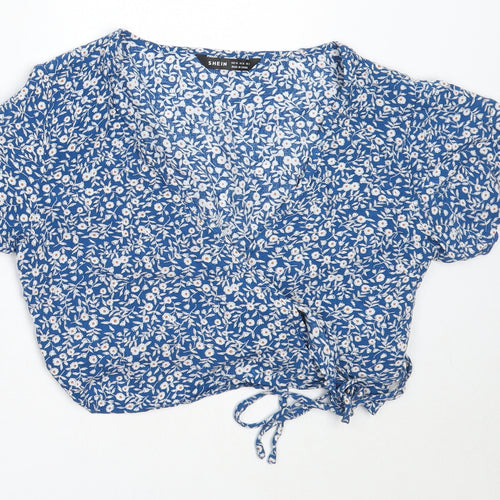SheIn Womens Blue Floral Viscose Cropped Blouse Size XS V-Neck