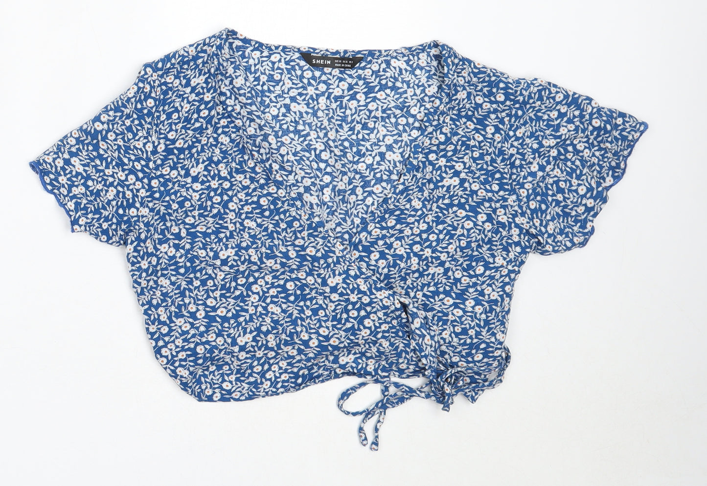 SheIn Womens Blue Floral Viscose Cropped Blouse Size XS V-Neck