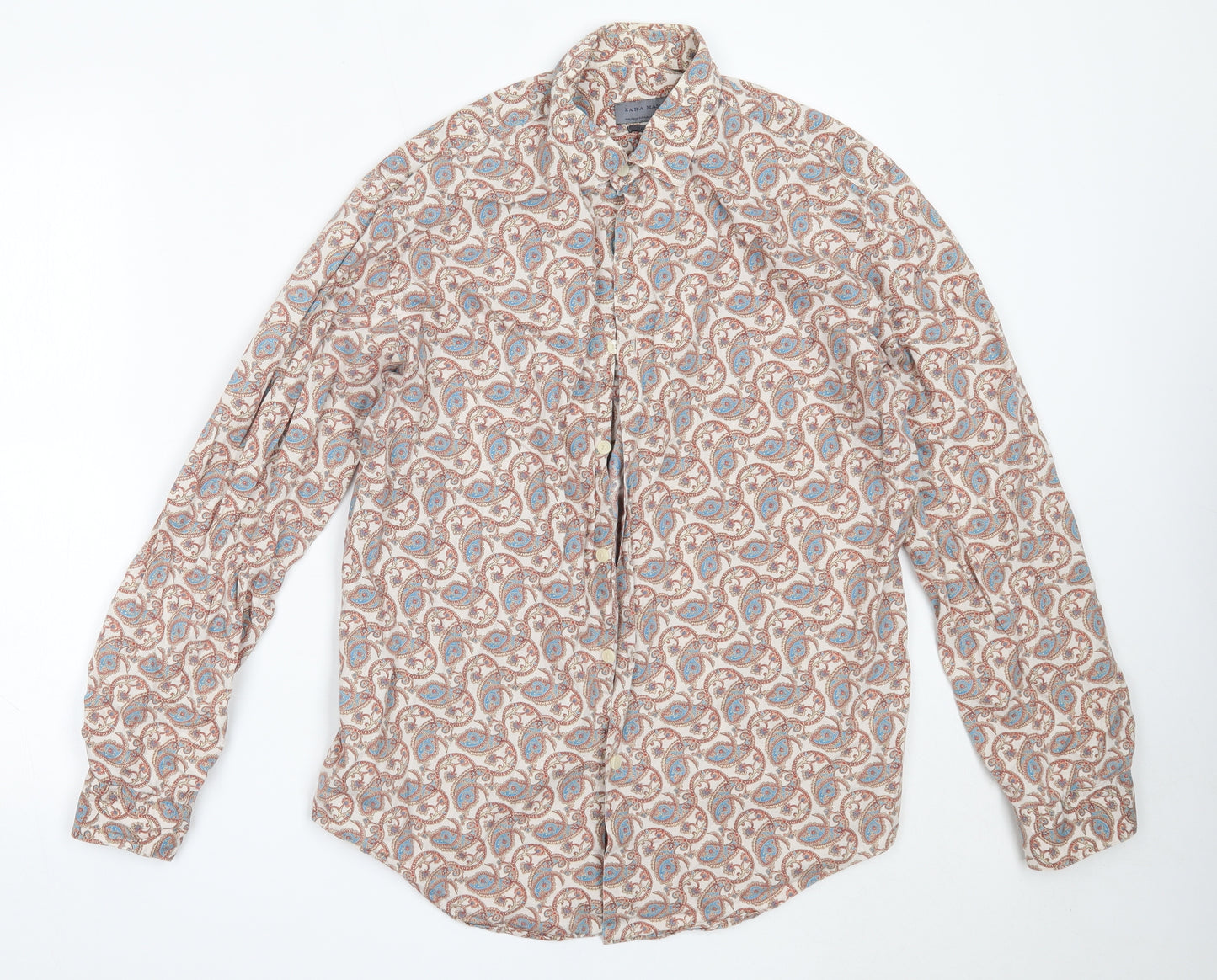 Zara Mens Beige Paisley Cotton  Button-Up Size M Collared
