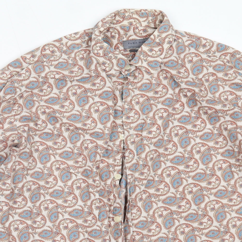 Zara Mens Beige Paisley Cotton  Button-Up Size M Collared