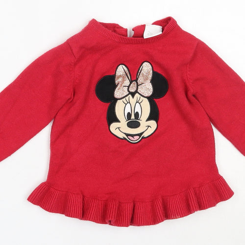 F&F Girls Red  Viscose Pullover Jumper Size 6-9 Months   - minnie mouse