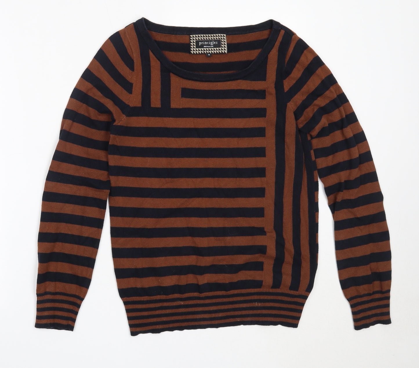 Principles Womens Brown Round Neck Striped Cotton Pullover Jumper Size 10