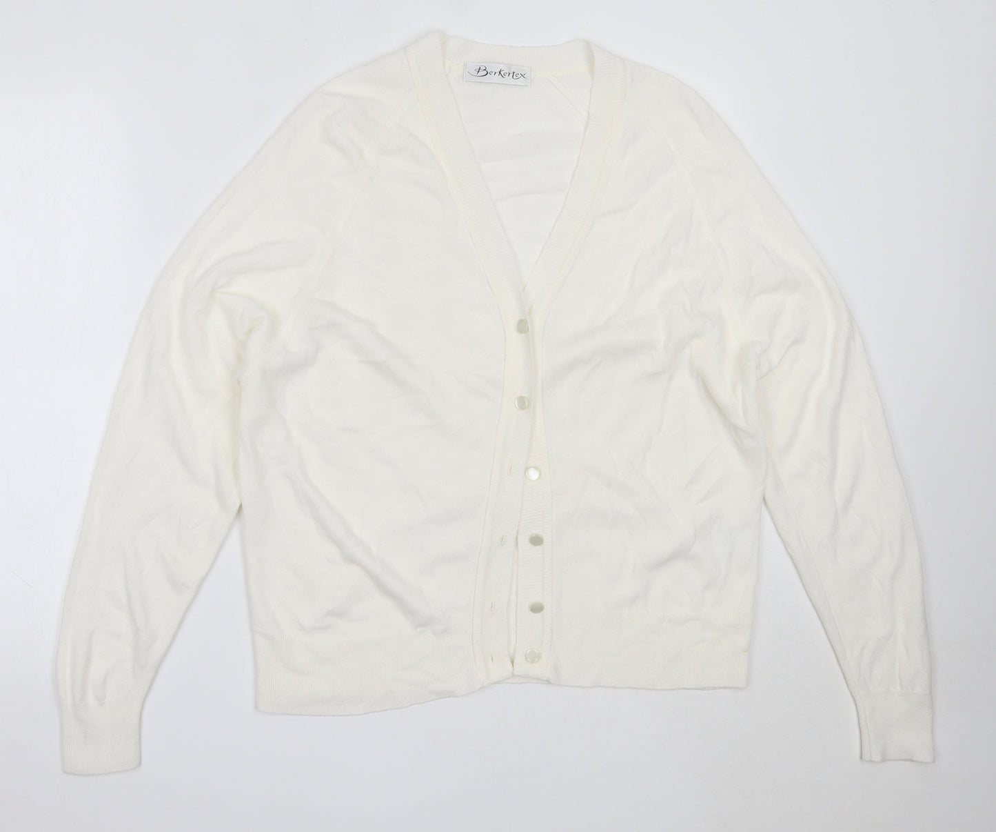 Berkertex Womens White V-Neck  Acrylic Cardigan Jumper Size 18