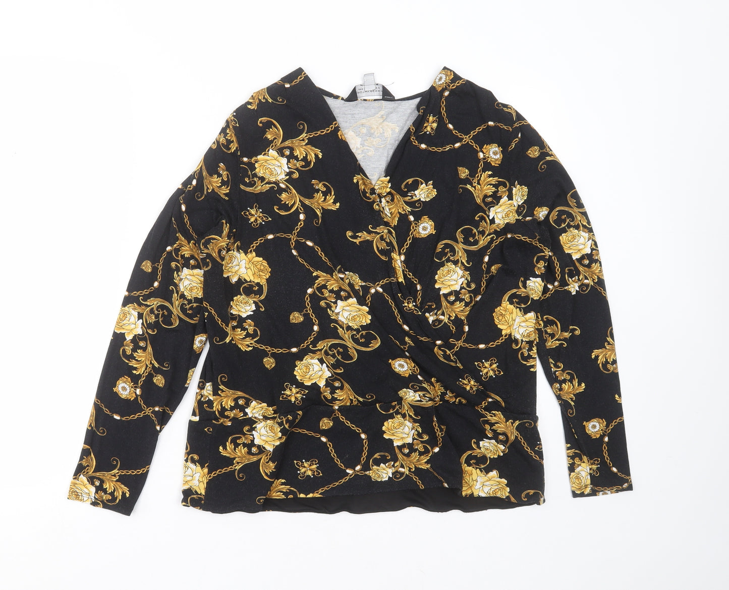 Dorothy Perkins Womens Black Floral Viscose Basic Blouse Size 14 V-Neck