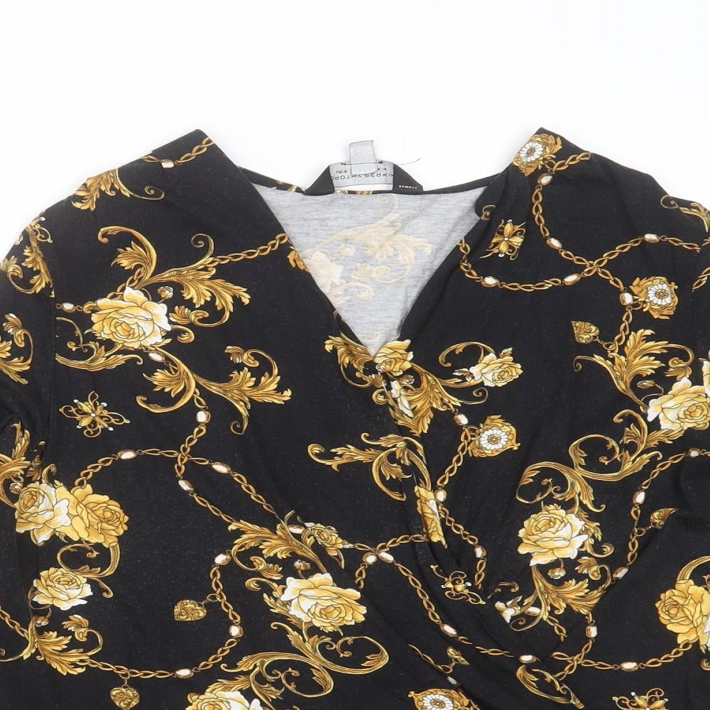 Dorothy Perkins Womens Black Floral Viscose Basic Blouse Size 14 V-Neck