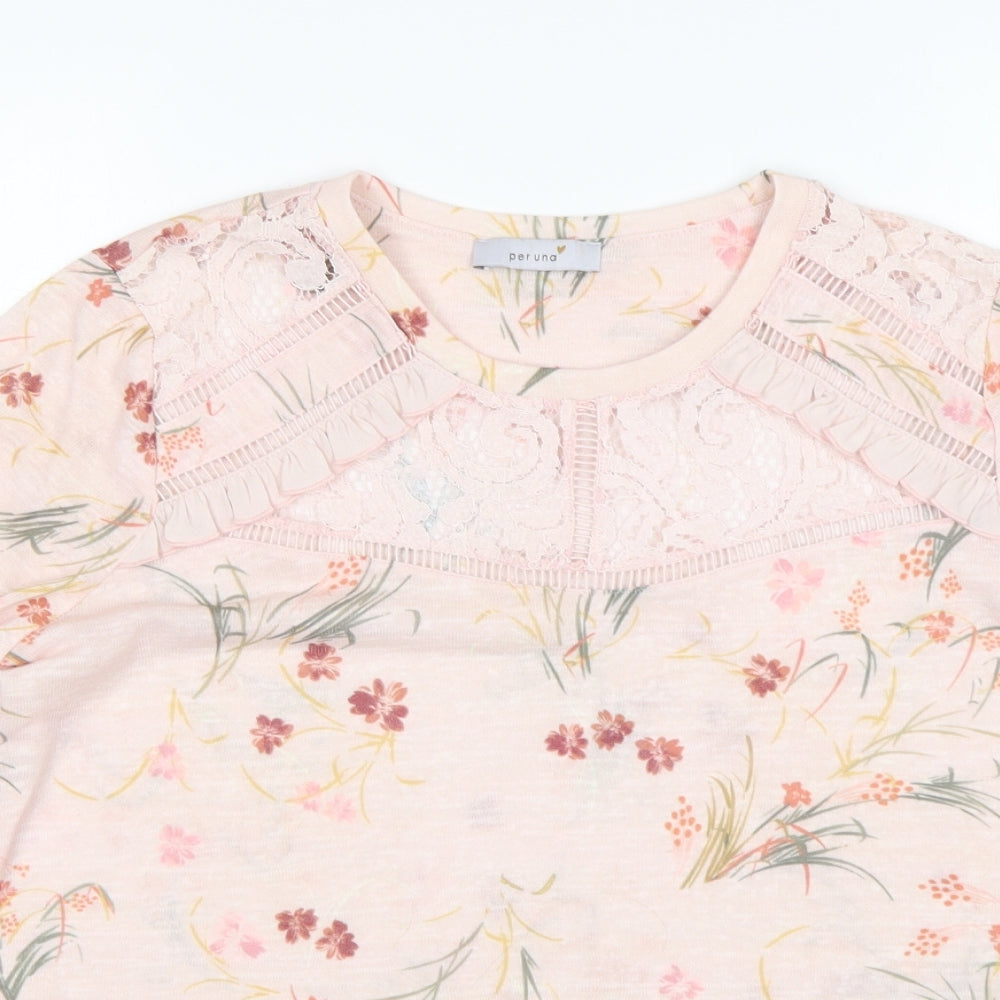 Per Una Womens Multicoloured Floral Cotton Basic T-Shirt Size 14 Round Neck