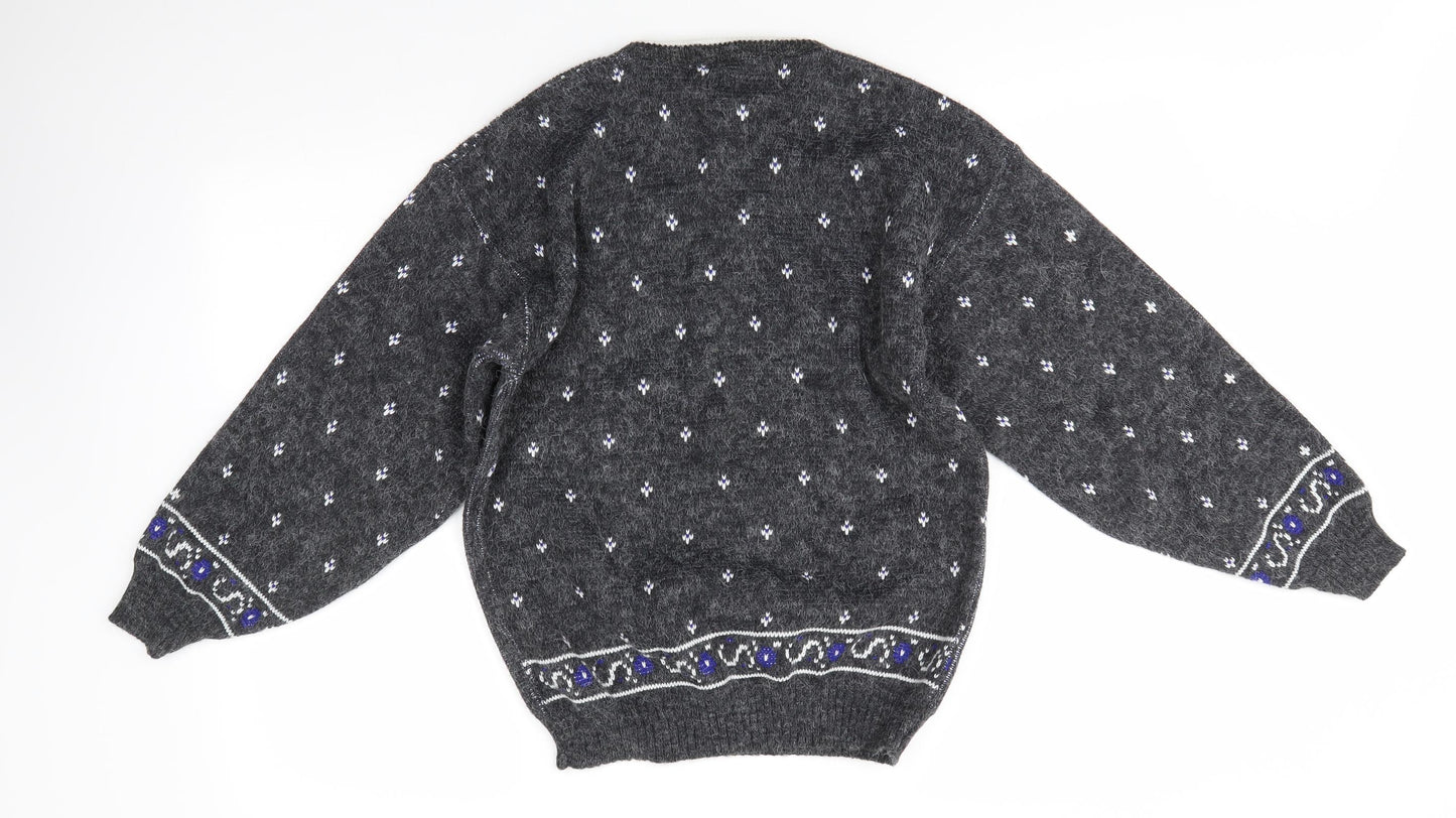 Preworn Womens Grey Round Neck Floral Acrylic Pullover Jumper Size M