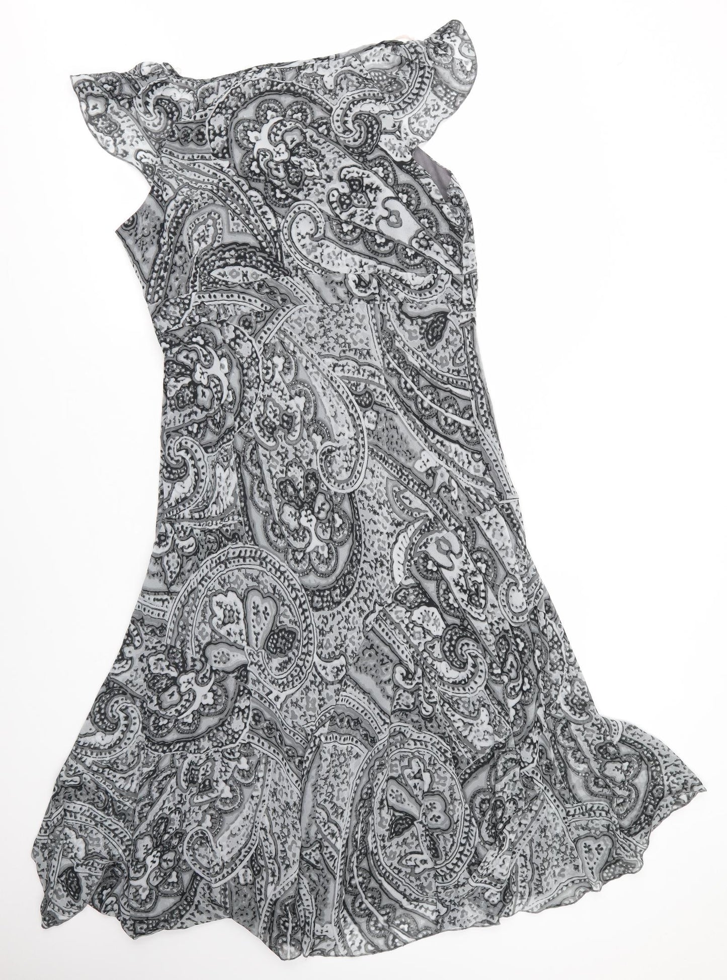 Preworn Womens Grey Floral Polyester A-Line  Size 16  V-Neck