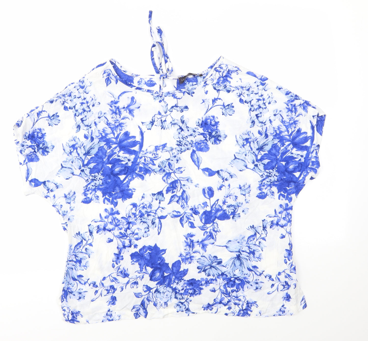M&S Womens Blue Floral Viscose Basic Blouse Size 16 Round Neck