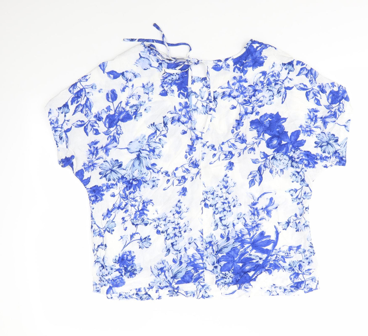 M&S Womens Blue Floral Viscose Basic Blouse Size 16 Round Neck