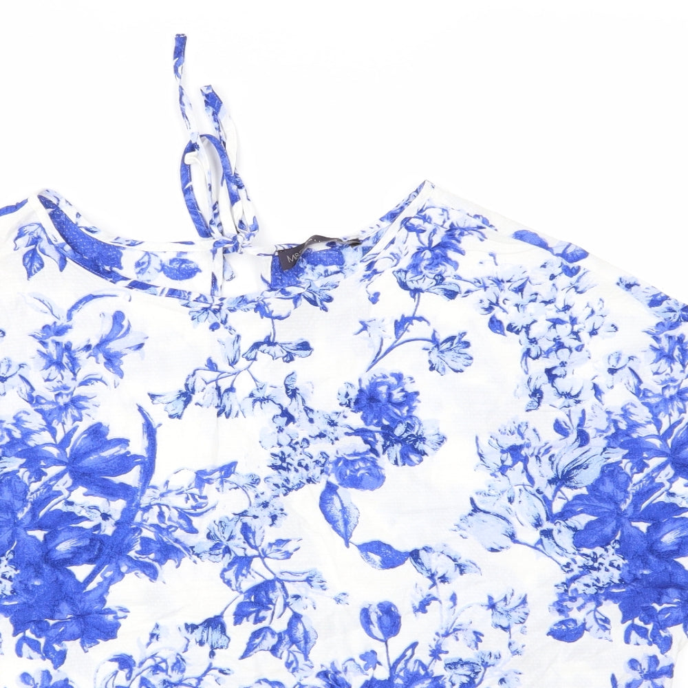 M&S Womens Blue Floral Viscose Basic Blouse Size 16 Round Neck