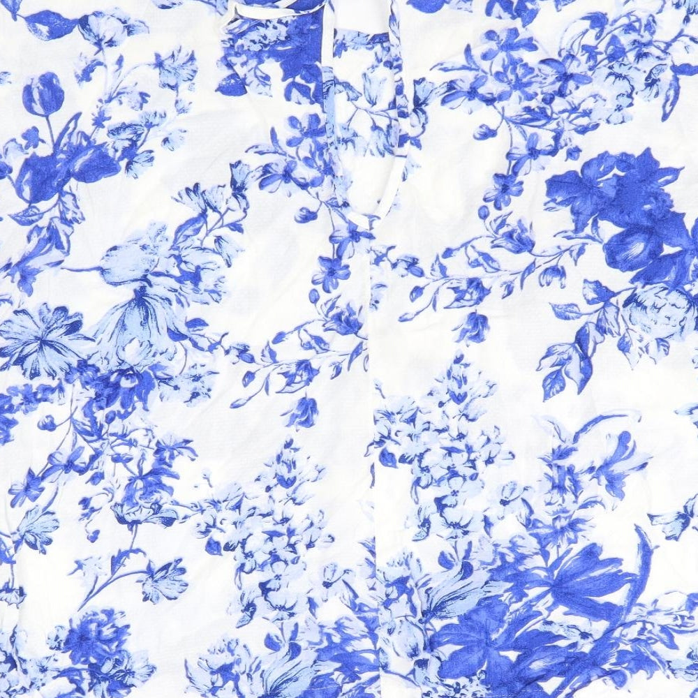 M&S Womens Blue Floral Viscose Basic Blouse Size 16 Round Neck