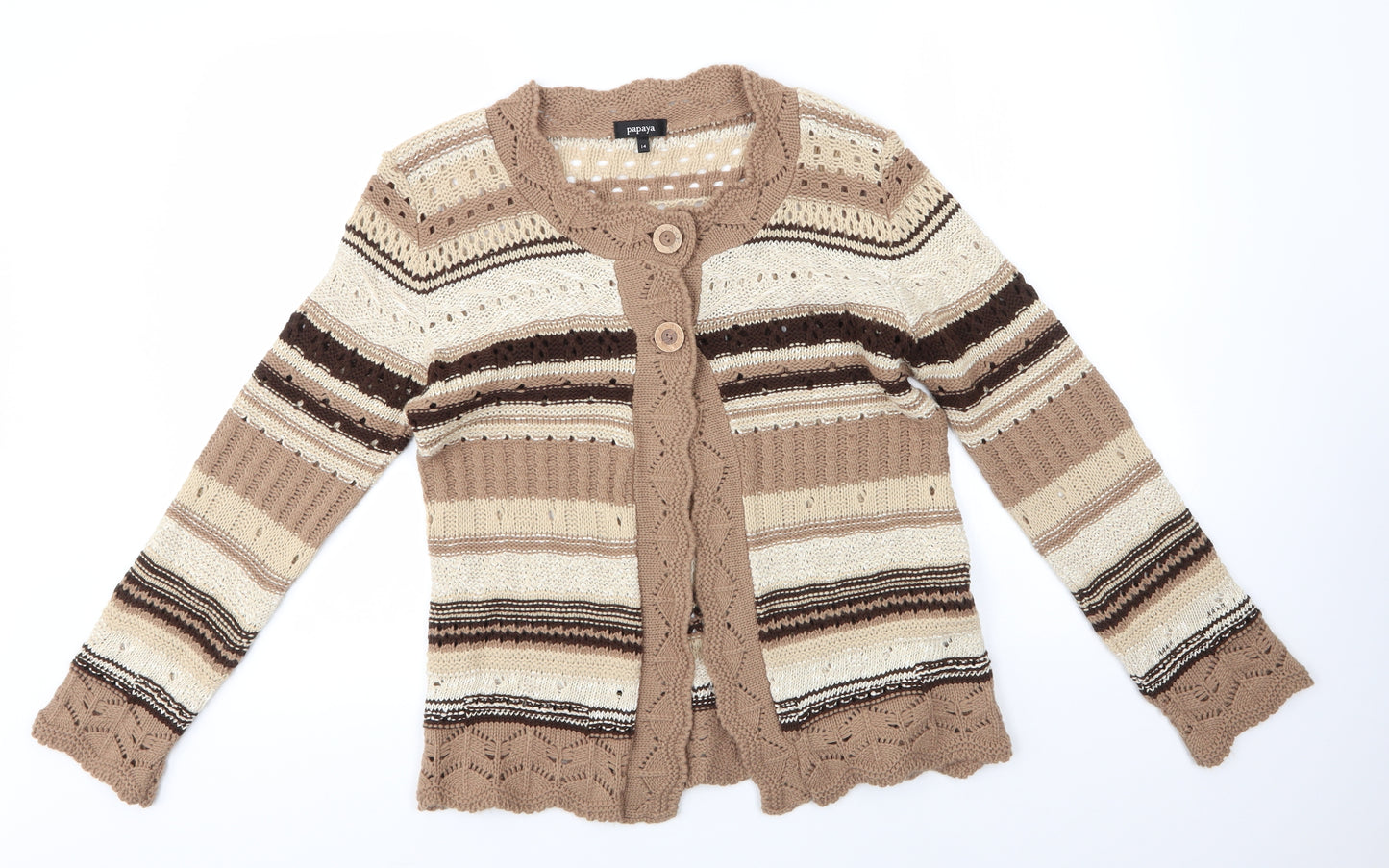 Matalan Womens Brown Round Neck Striped Acrylic Cardigan Jumper Size 14