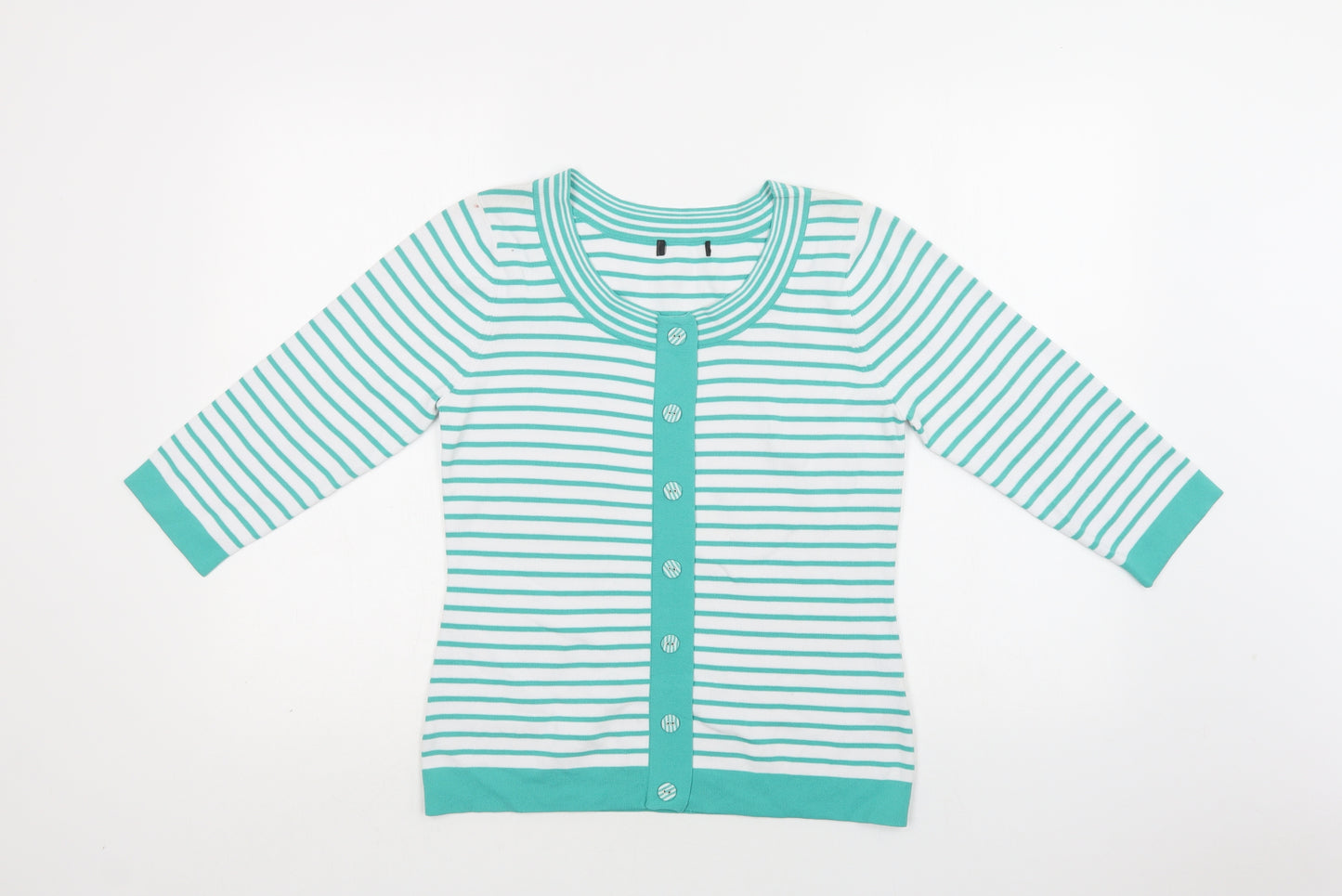 Sky Womens Green Crew Neck Striped Viscose Cardigan Jumper Size 10