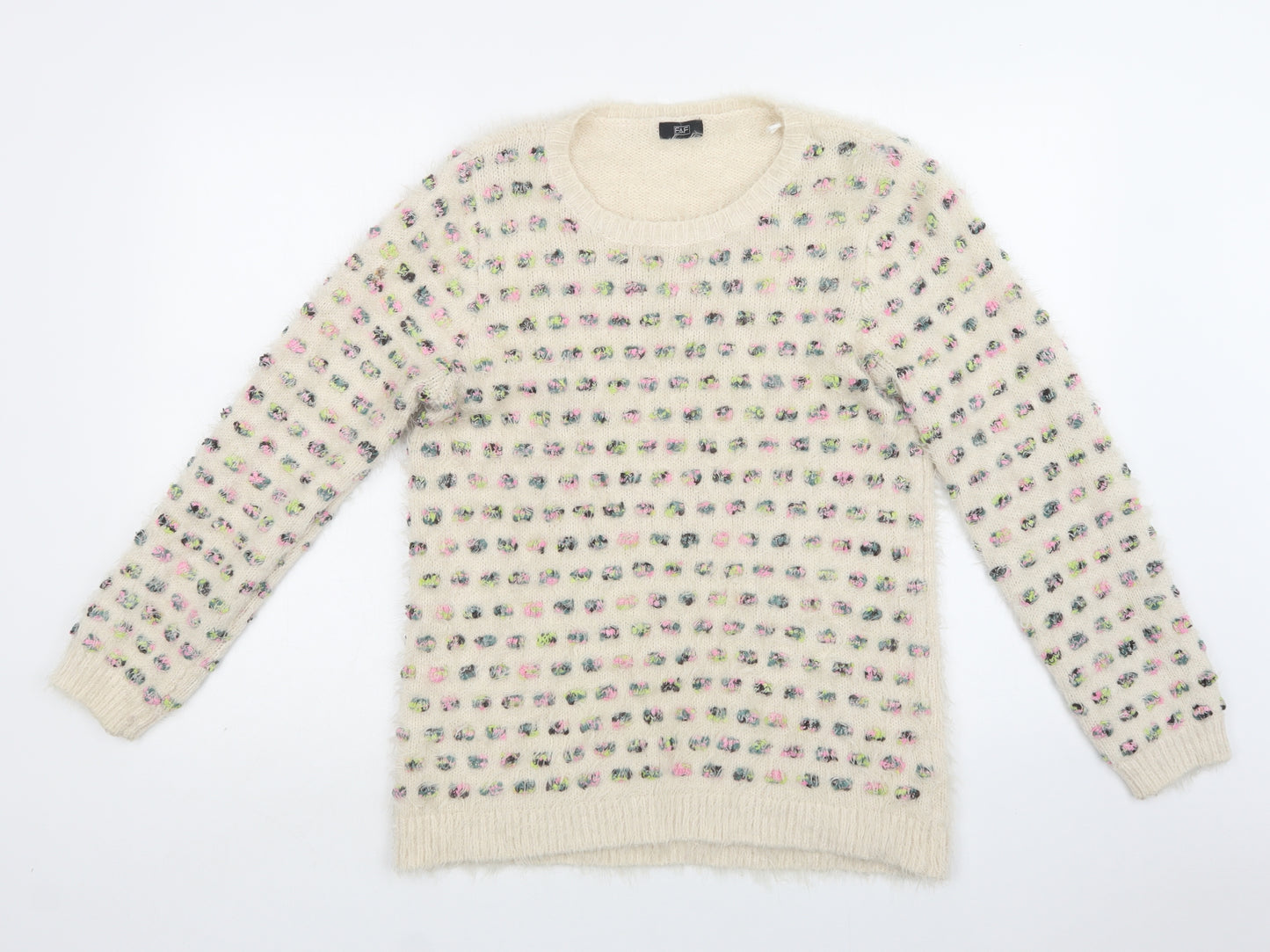 F&F Womens Beige Crew Neck Polka Dot Acrylic Pullover Jumper Size 14