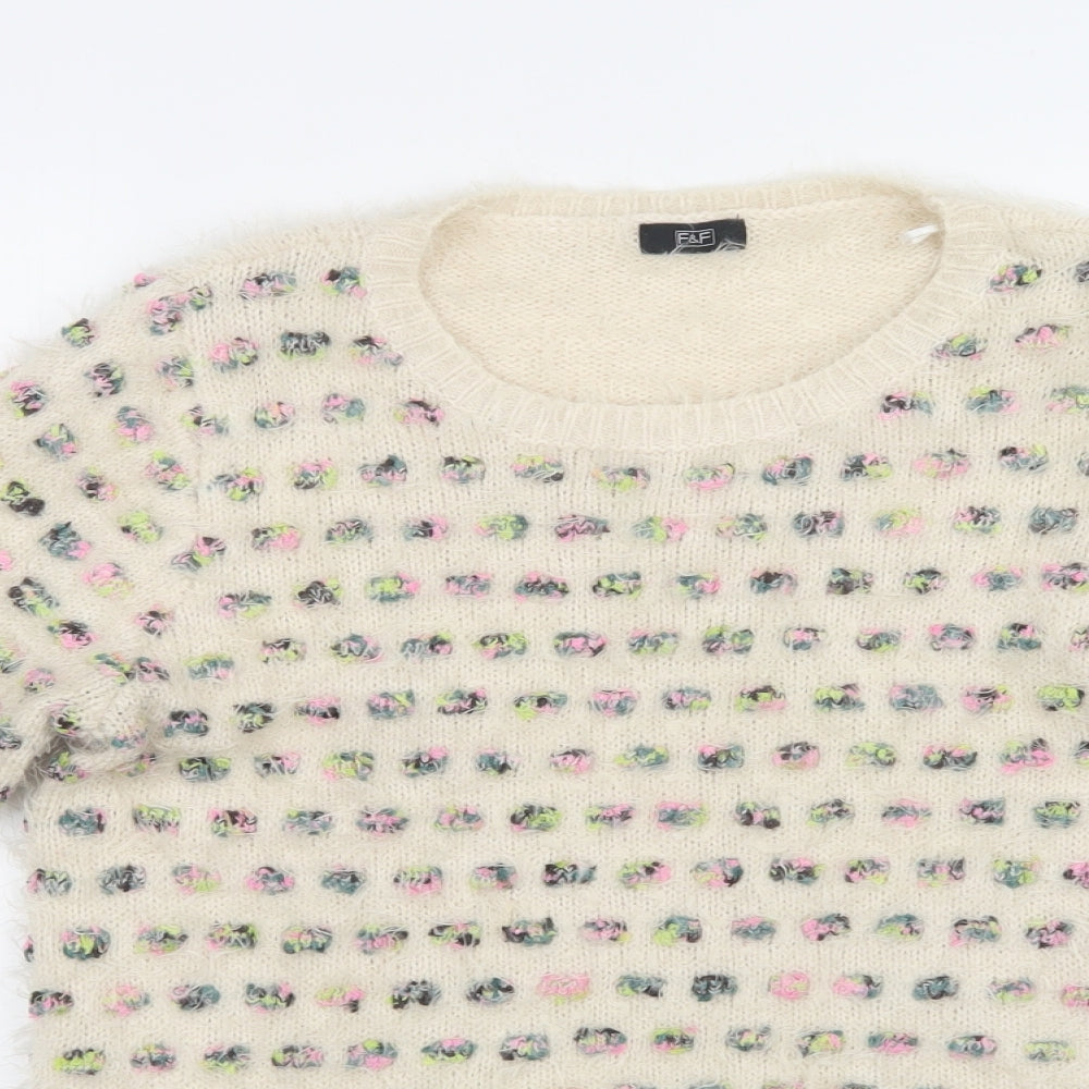 F&F Womens Beige Crew Neck Polka Dot Acrylic Pullover Jumper Size 14