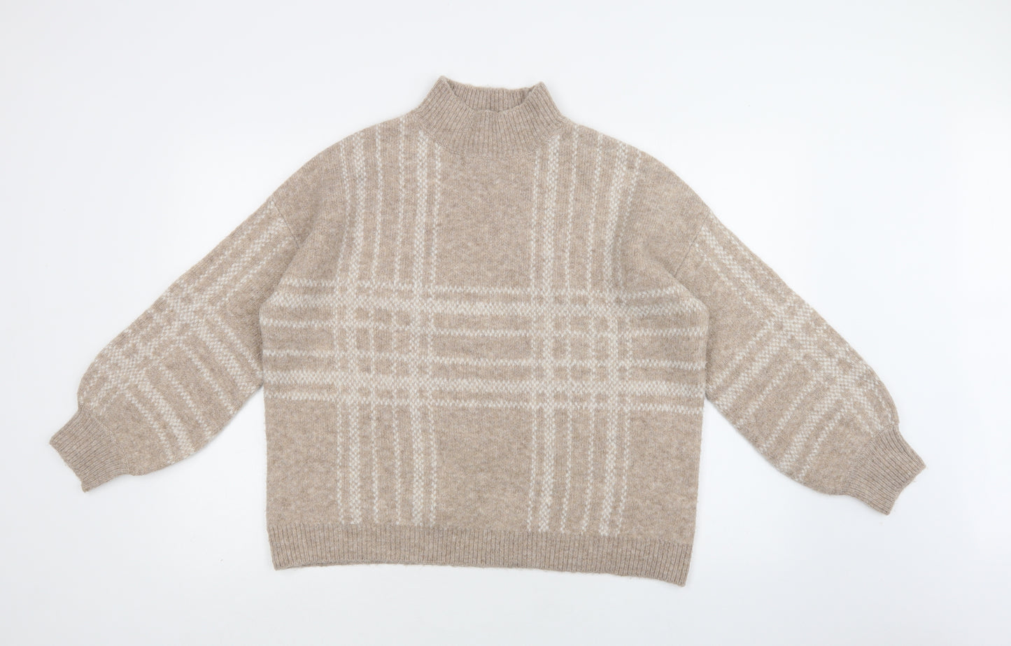 F&F Womens Beige Mock Neck Check Acrylic Pullover Jumper Size 14