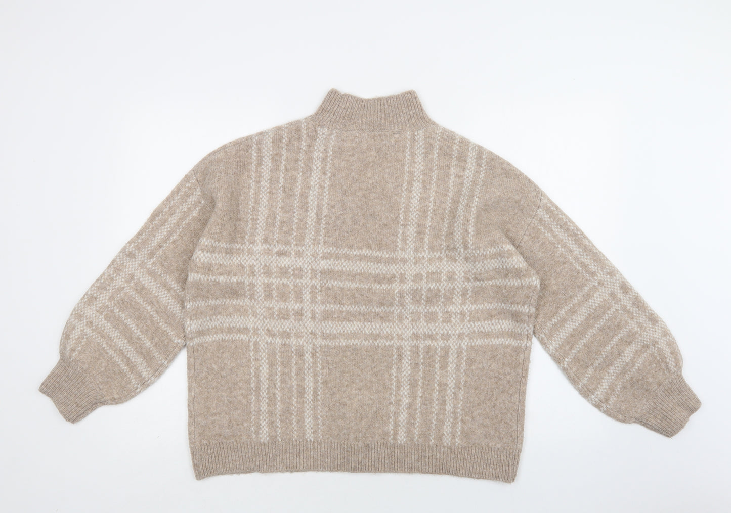 F&F Womens Beige Mock Neck Check Acrylic Pullover Jumper Size 14