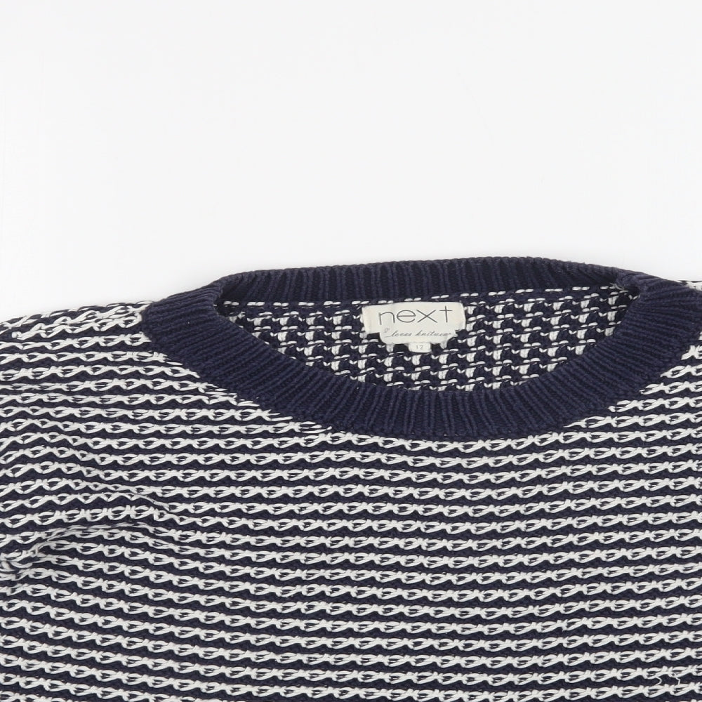 NEXT Womens Blue Crew Neck Geometric Cotton Pullover Jumper Size 12