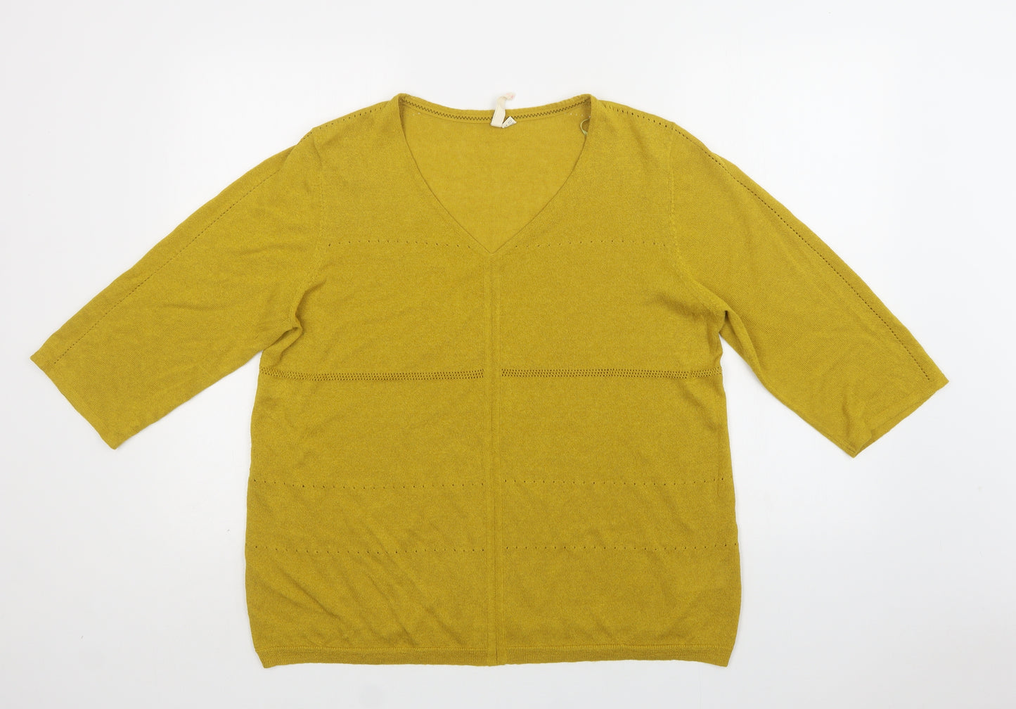 White Stuff Womens Yellow V-Neck  Linen Pullover Jumper Size 16
