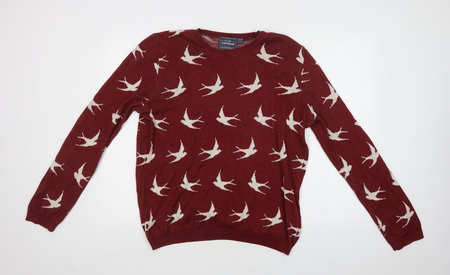 Topman Mens Brown Crew Neck  Cotton Pullover Jumper Size M   - Bird Print