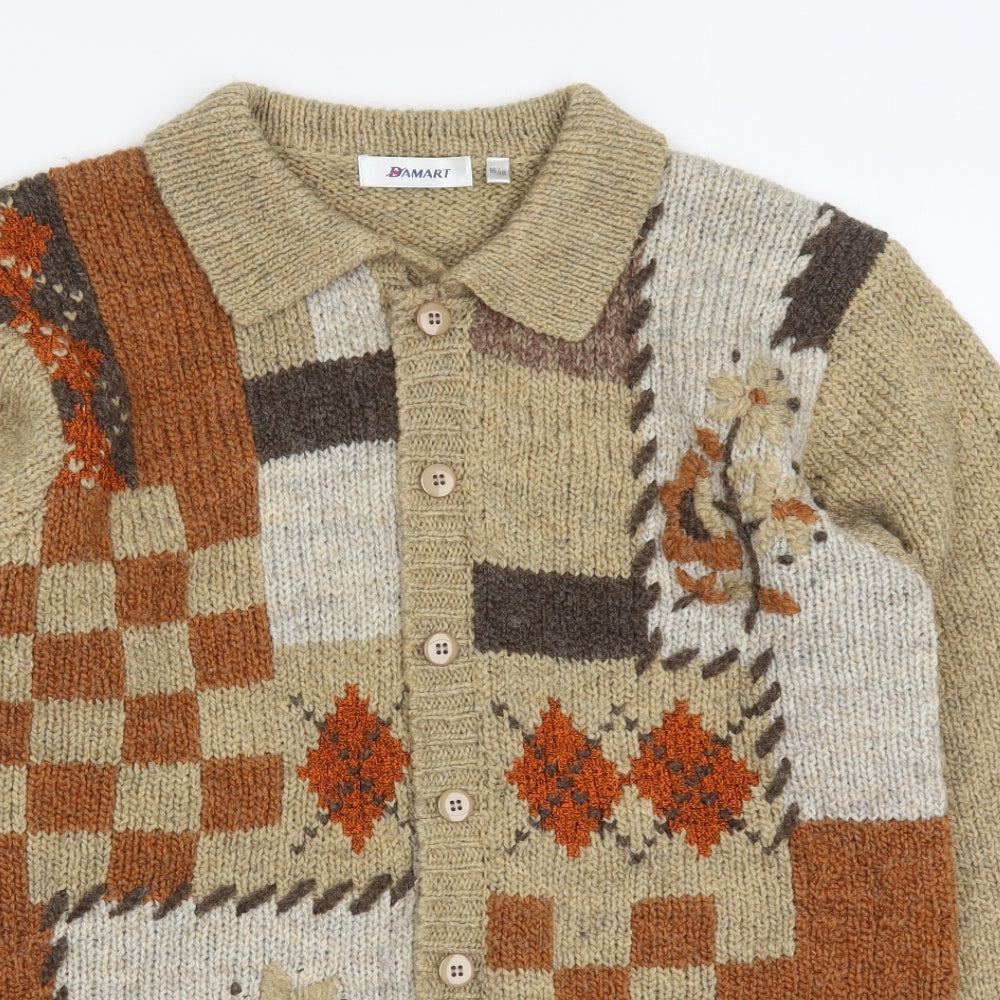 Damart Womens Beige Collared Geometric Acrylic Cardigan Jumper Size 16