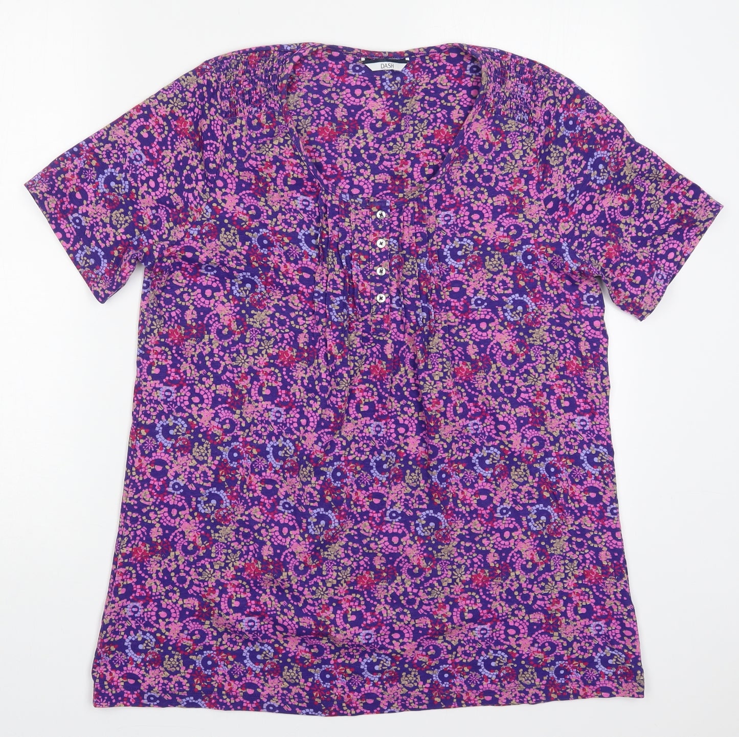 DASH Womens Purple Geometric Cotton Basic T-Shirt Size 16 Round Neck