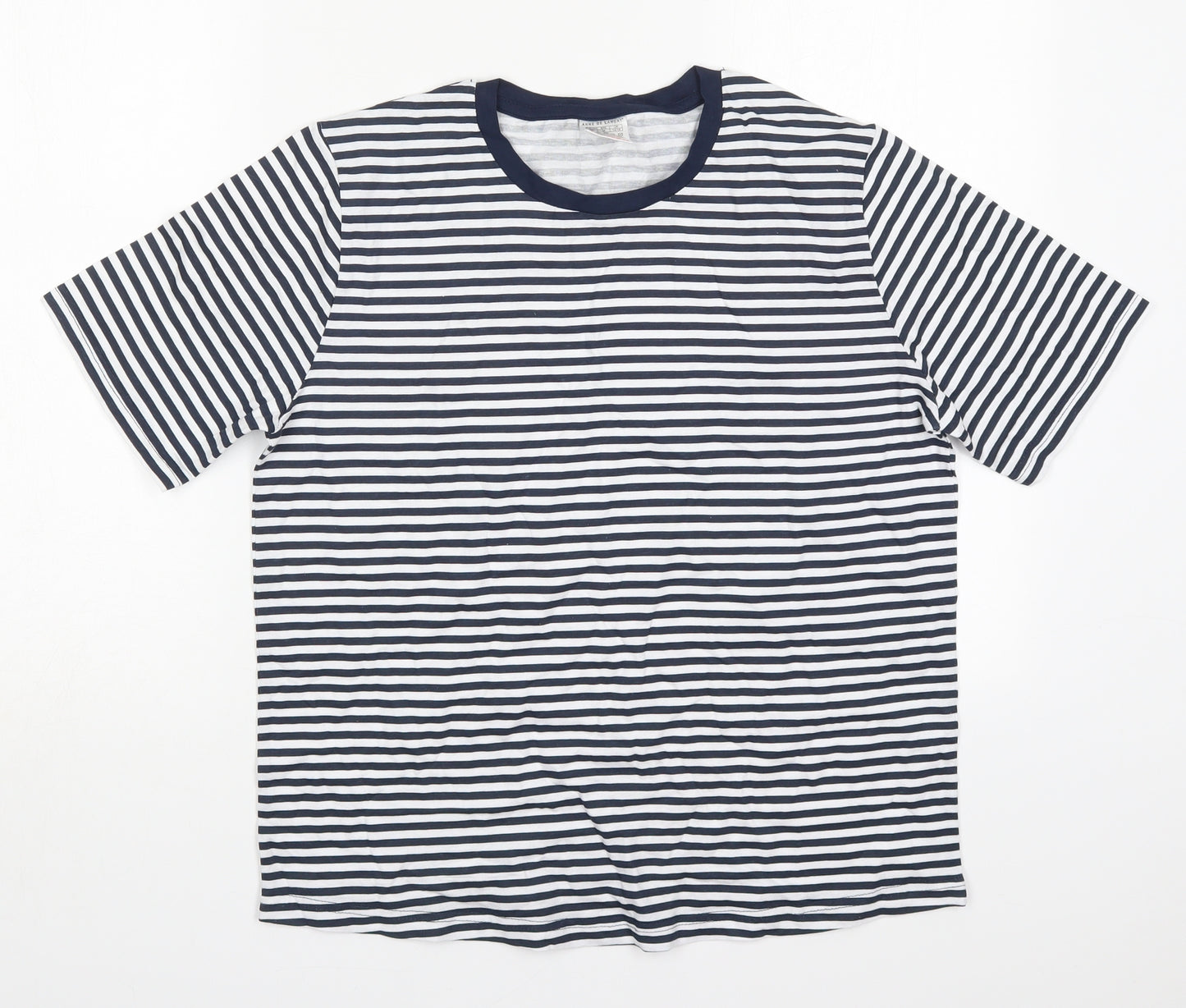 Anne De Lancay Womens Blue Striped Cotton Basic T-Shirt Size 14 Round Neck