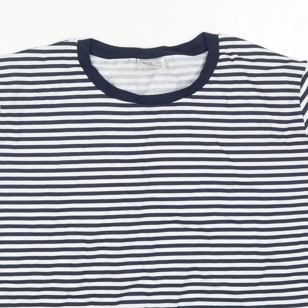 Anne De Lancay Womens Blue Striped Cotton Basic T-Shirt Size 14 Round Neck