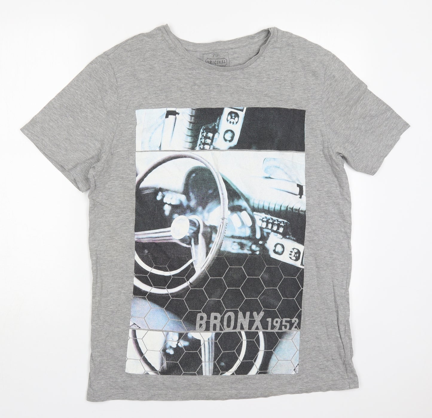 F&F Mens Grey  Cotton  T-Shirt Size L Crew Neck  - Bronx 1952 Car