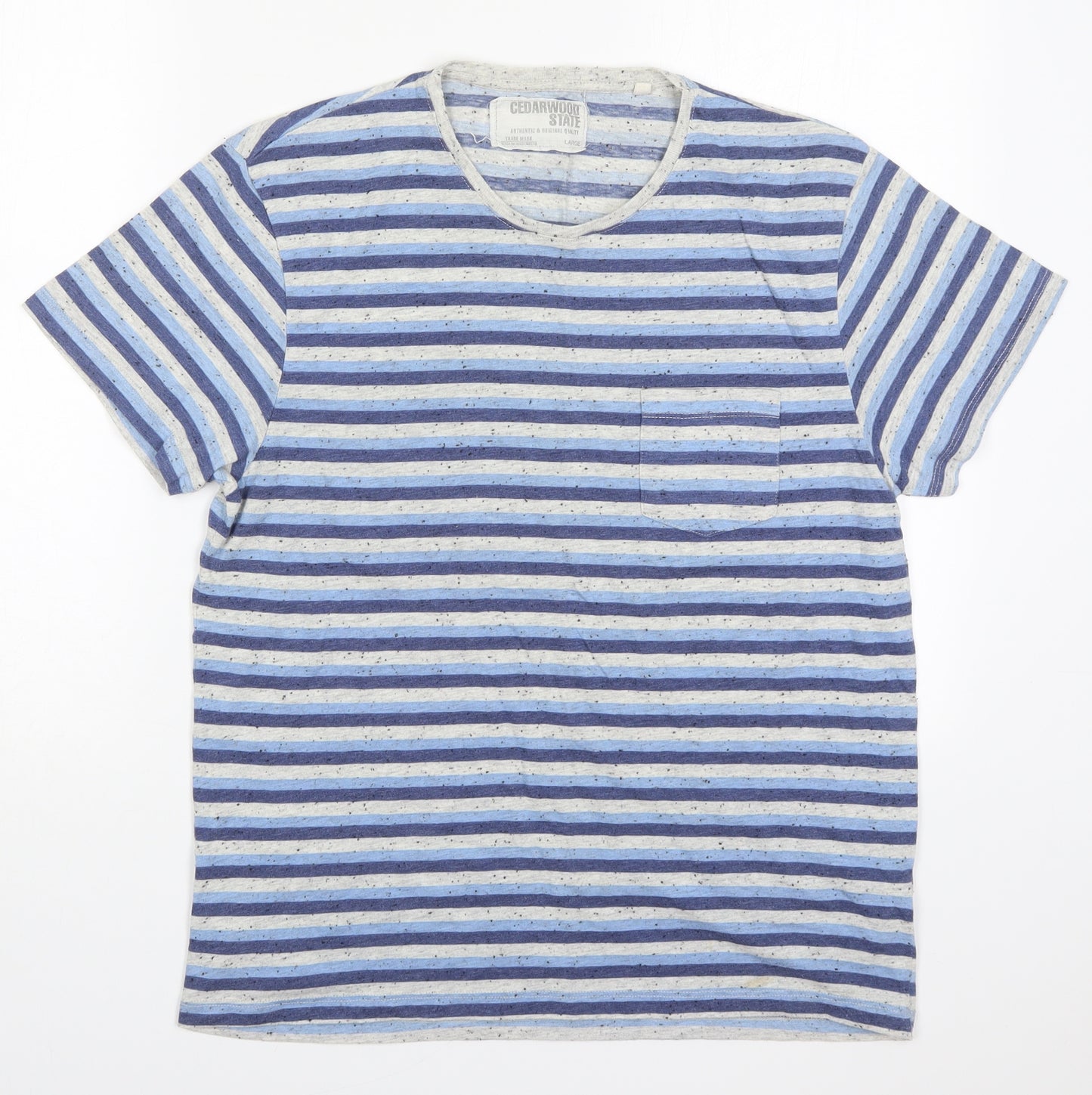 Cedar Wood State Mens Blue Striped Cotton  T-Shirt Size L Crew Neck
