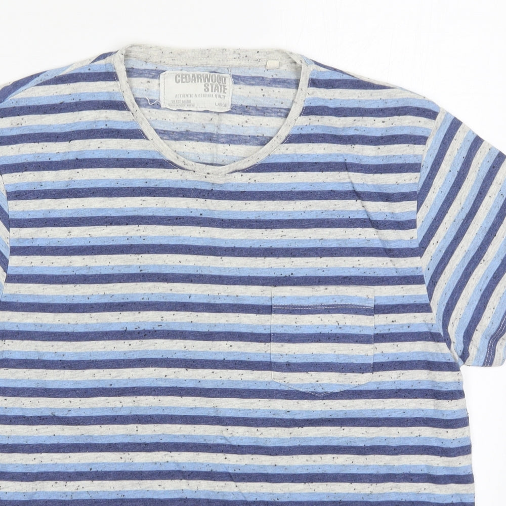 Cedar Wood State Mens Blue Striped Cotton  T-Shirt Size L Crew Neck
