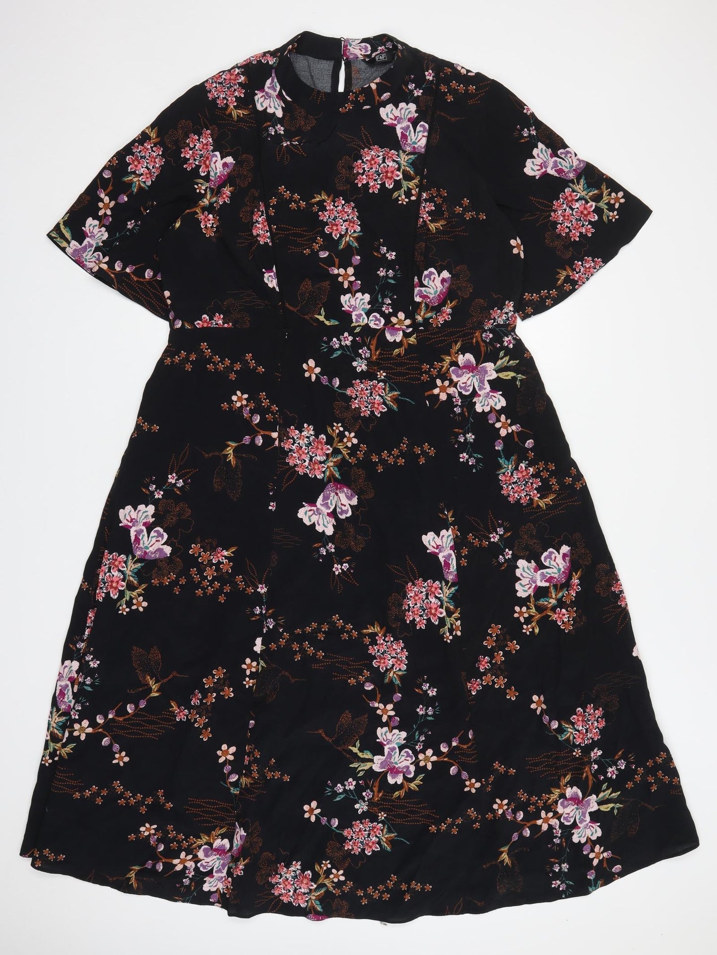 F&F Womens Black Floral Viscose A-Line  Size 20  Round Neck Button