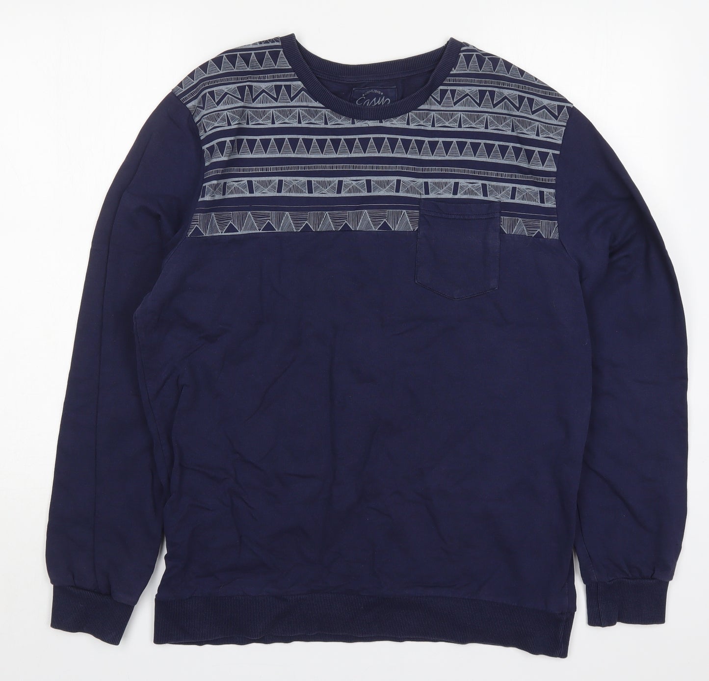 Easy Mens Blue Geometric Cotton Pullover Sweatshirt Size L