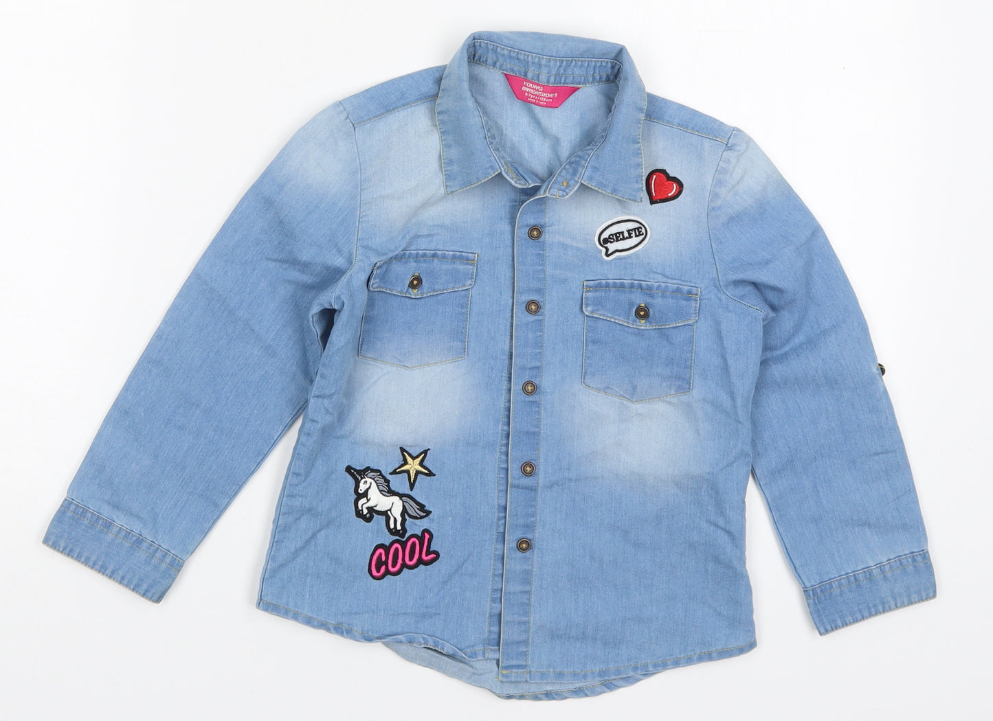 Young Dimension Girls Blue  Cotton Basic Button-Up Size 6-7 Years Collared Button - Cool Unicorn