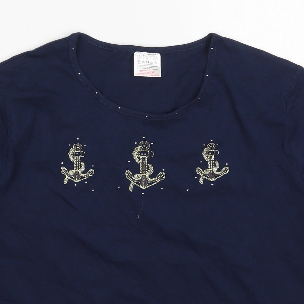 Anne De Lancay Womens Blue  Cotton Basic T-Shirt Size 14 Crew Neck - Anchors
