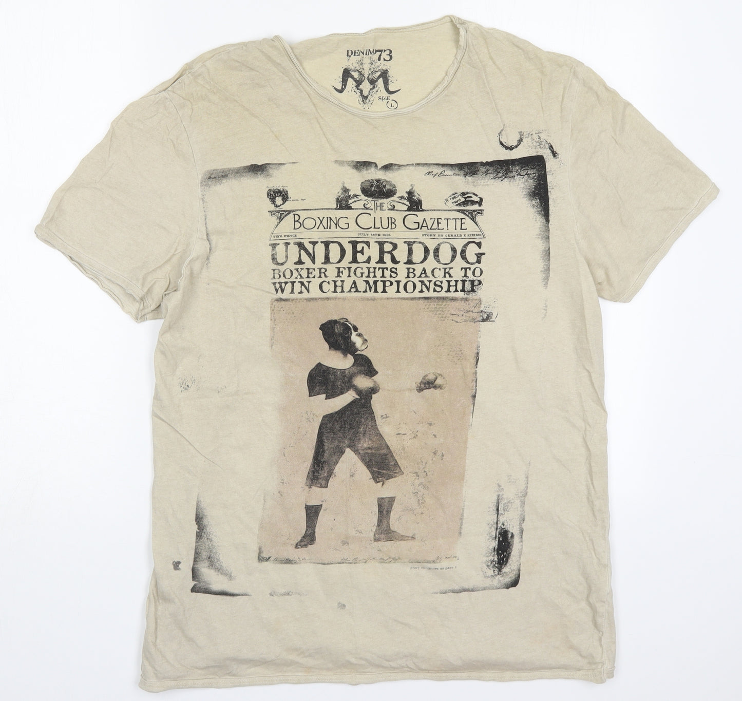 Denim73 Mens Beige  Cotton  T-Shirt Size L Round Neck  - Boxing Club Gazette Underdog