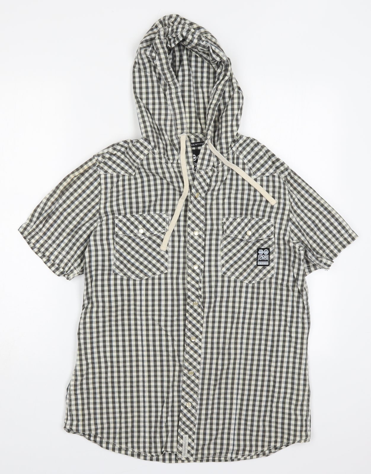 Crosshatch Mens Grey Check Cotton  Button-Up Size L High Neck Button